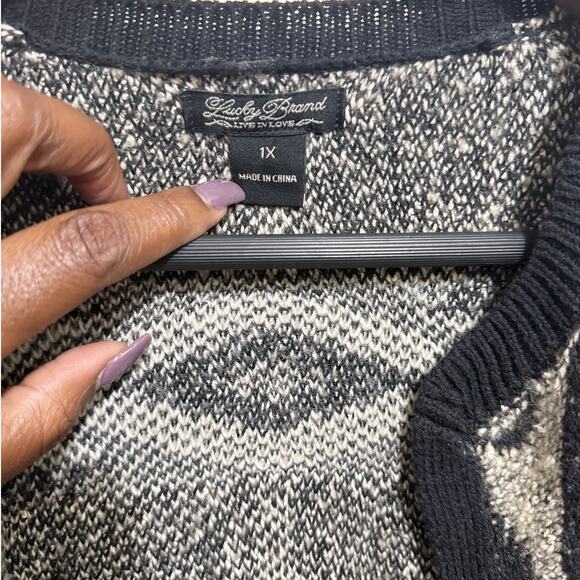 Lucky Brand Aztec Open Front Cardigan Women’s 1X Black Cream Knit Sweater - Picture 5 of 10